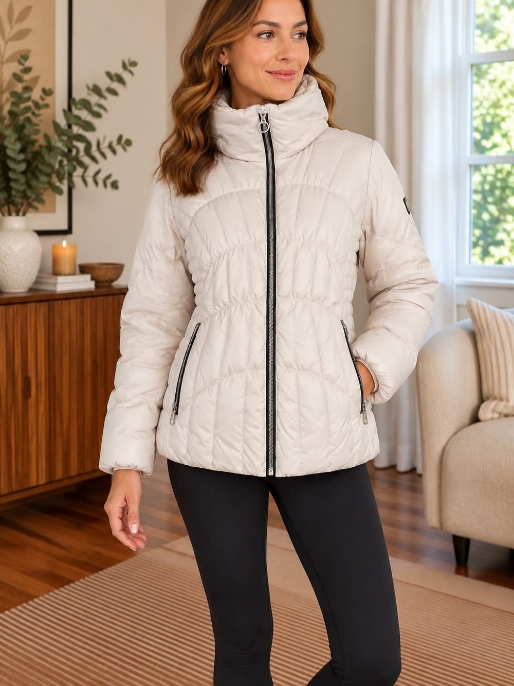 Guess Light Cream Quilted Puffer Jacket with High Collar